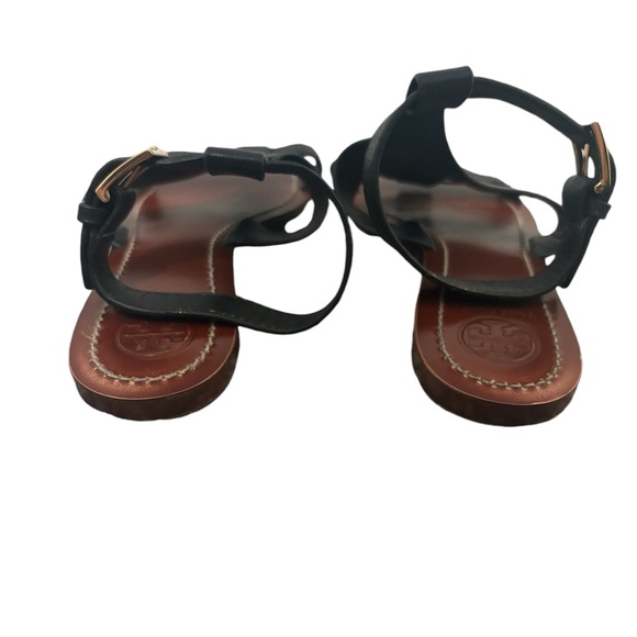 Tory Burch Black Leather Gladiator Ankle Strap Flats Sandals - Picture 5 of 10